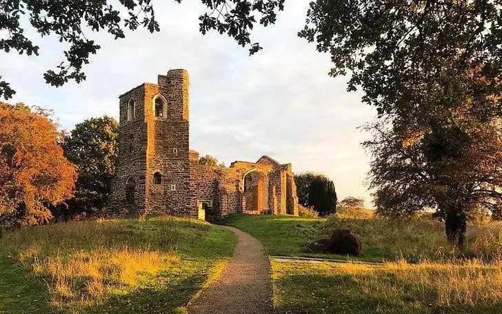 A narrow path leads through a grassy field towards the ancient stone ruins of a church under a bright sky with trees framing the top and sides.