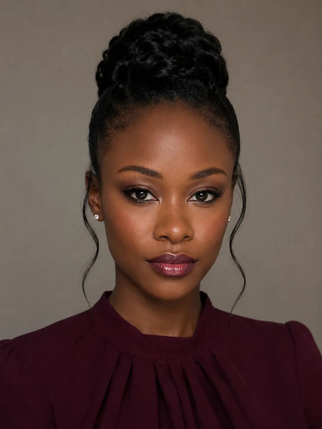 A close-up portrait of a woman with dark skin, dark hair styled in an updo, wearing a dark red blouse, and looking directly at the camera with a neutral expression.